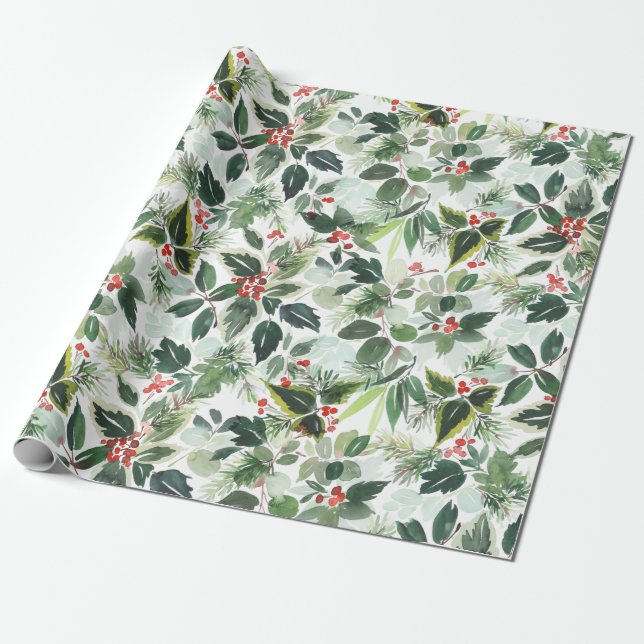 Papier Cadeau Aquarelle de Noël Festive Foliage Holly Berry (Déroulé)