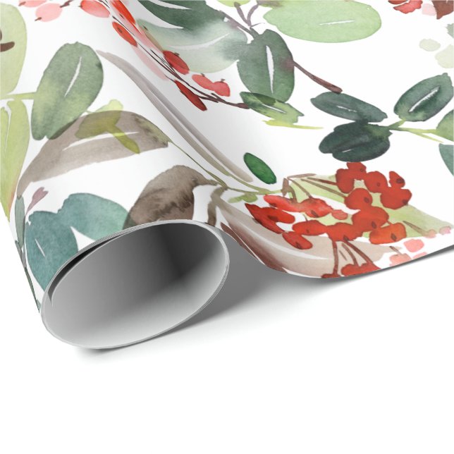 Papier Cadeau Aquarelle de Noël Festive Foliage Holly Berry (Coin rond)