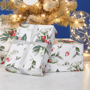Papier Cadeau Aquarelle de Noël Festive Foliage Holly Berry