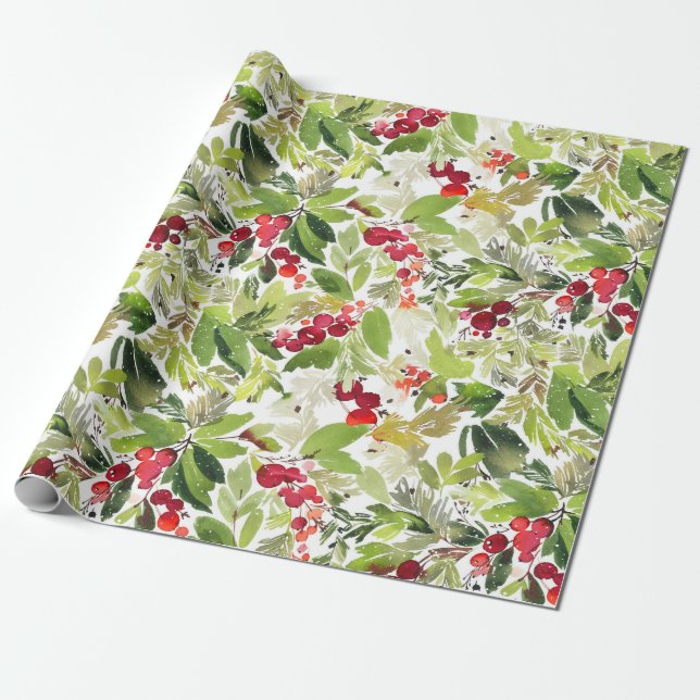 Papier Cadeau Aquarelle de Noël Festive Foliage Holly Berry (Déroulé)