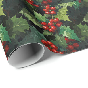 Papier Cadeau aquarelle de Noël feuilles de houx botanique