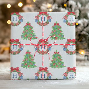 Papier Cadeau Aquarelle de Noël Football Monogramme Arbre à cour