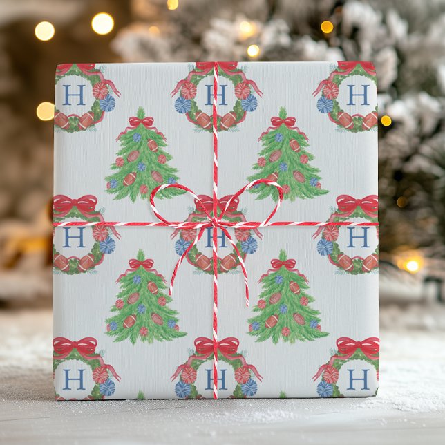 Papier Cadeau Aquarelle de Noël Football Monogramme Arbre à cour (Créateur téléchargé)