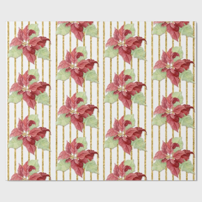 Papier Cadeau Aquarelle de Noël Rouge Flore Feuilles d'or rayure (Plat)