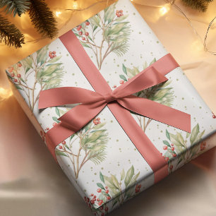 Papier Cadeau Aquarelle de Noël Rouge Holly Vert
