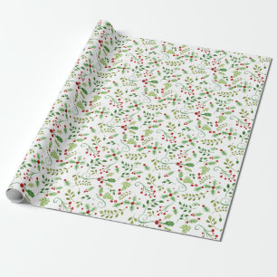 Papier Cadeau Aquarelle de Noël Rouge Vert Holly Berry Foliing