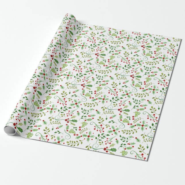 Papier Cadeau Aquarelle de Noël Rouge Vert Holly Berry Foliing (Déroulé)