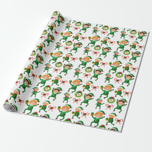 Papier Cadeau Aquarelle de Noël Sucre de canne Elfe Vert