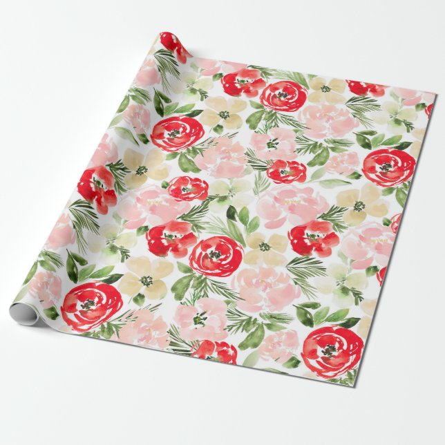 Papier Cadeau Aquarelle de Noël vert et bleu (Déroulé)