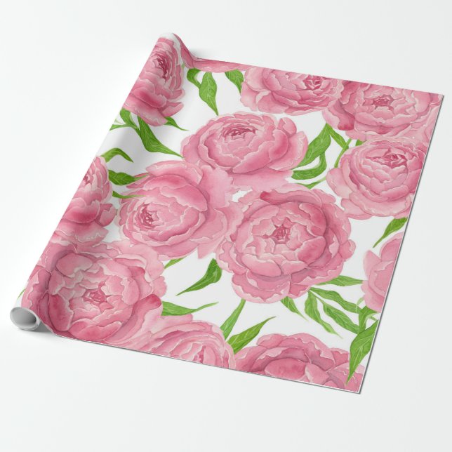 Papier Cadeau Aquarelle de pivoines roses (Déroulé)