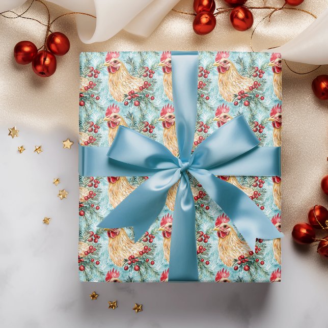 Papier Cadeau Aquarelle de poulet de Noël (Créateur téléchargé)