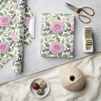 Papier Cadeau Aquarelle de roses roses et lavande