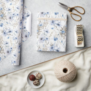 Papier Cadeau Aquarelle délicate Motif botanique - Bleu doux