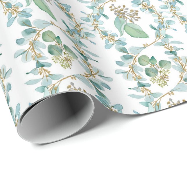 Papier Cadeau Aquarelle Deluxe Eucalyptus - sol blanc (Coin rond)