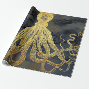 Papier Cadeau Aquarelle d'encre d'octopus Vintage doré côtier