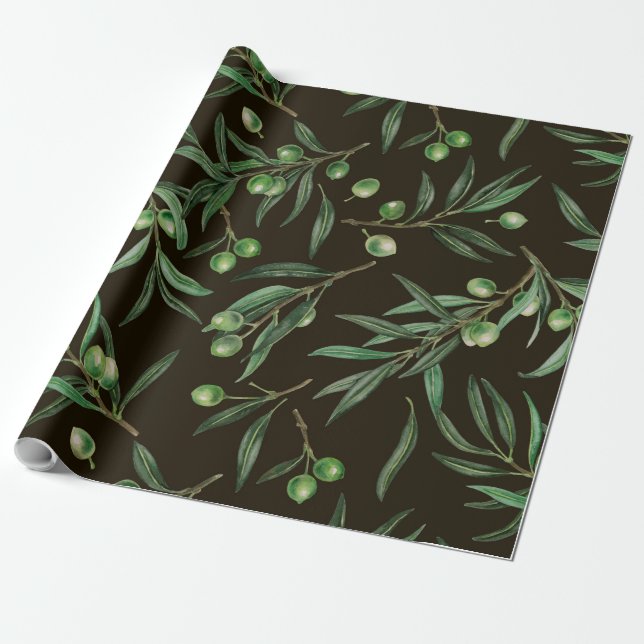 Papier Cadeau Aquarelle des branches d'olive en noir (Déroulé)