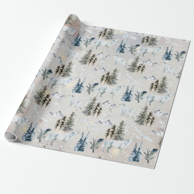 Papier Cadeau Aquarelle d'hiver Loup de lièvre arctique Chouette (Déroulé)