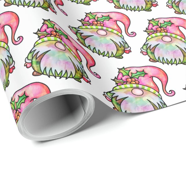 Papier Cadeau Aquarelle d'hiver mignonne Jardin de Noël Gnome (Coin rond)
