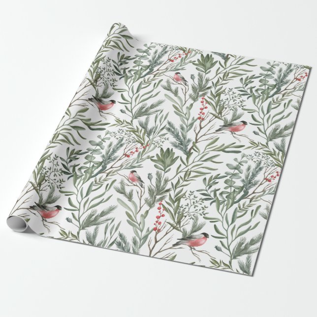Papier Cadeau Aquarelle d'hiver Oiseau Noël (Déroulé)