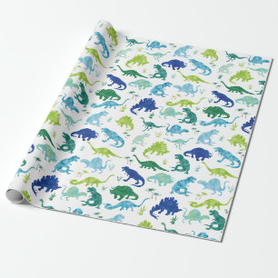 Papier Cadeau Aquarelle Dinosaur Silhouette Green Blue Kids