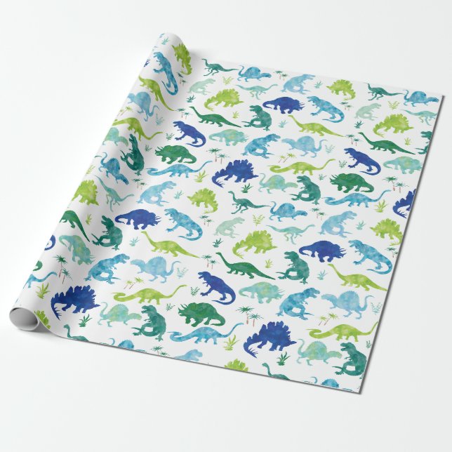 Papier Cadeau Aquarelle Dinosaur Silhouette Green Blue Kids (Déroulé)