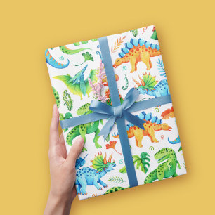 Papier Cadeau Aquarelle Dinosaure Motif Vert, orange, bleu