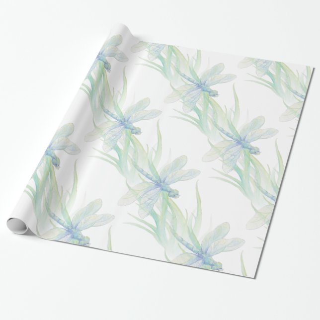Papier Cadeau Aquarelle Dragonfly in Soft Blues & Green Art (Déroulé)