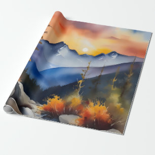 Papier Cadeau Aquarelle du lever de soleil sur des montagnes enn