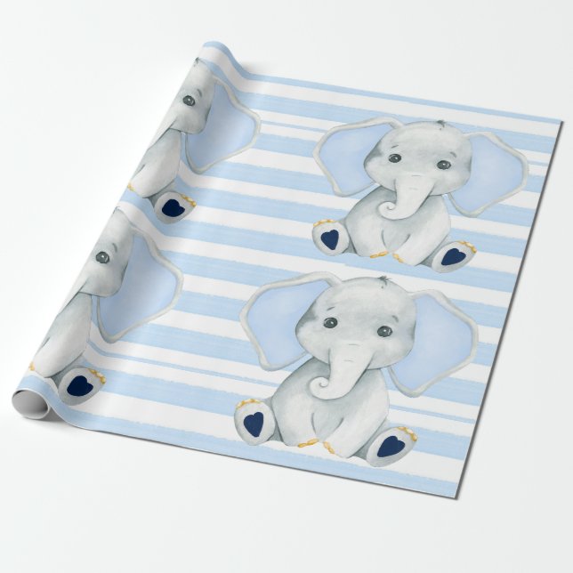 Papier Cadeau Aquarelle Elephant Avec Baby shower Bleu Stripes (Déroulé)