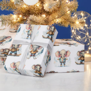 Papier Cadeau Aquarelle Eléphants Sports d'hiver