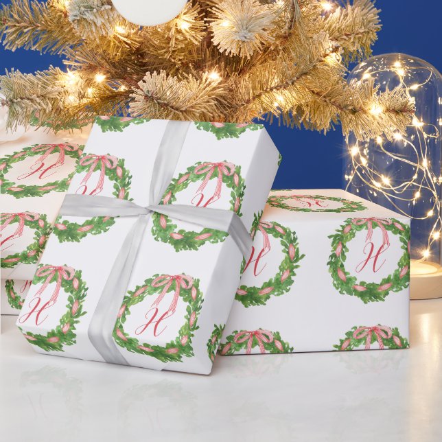 Papier Cadeau Aquarelle en arc rayé Wreath Monogramme de Noël (Vacances)