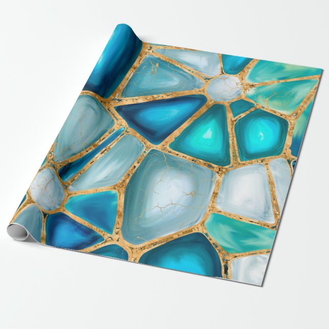 Papier Cadeau Aquarelle et cellules d'or - océan (Déroulé)