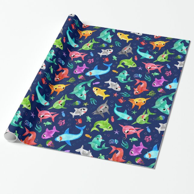 Papier Cadeau Aquarelle Famille de requins Adorable Océan (Déroulé)