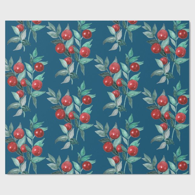 Papier Cadeau Aquarelle Festin Noël Baies rouges Bleu foncé (Plat)