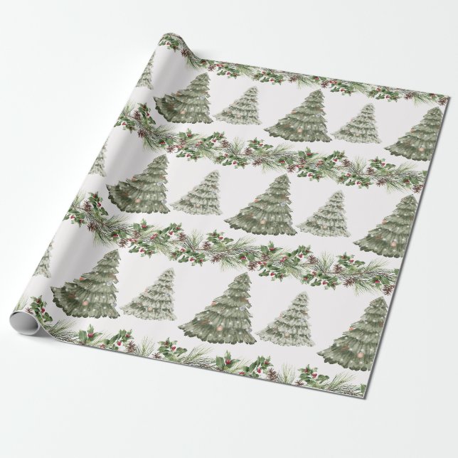 Papier Cadeau Aquarelle festive Arbres de Noël en hiver (Déroulé)