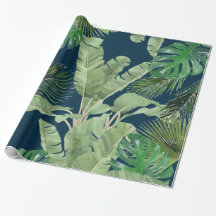 Papier Cadeau Aquarelle Feuille tropical Motif sur bleu foncé