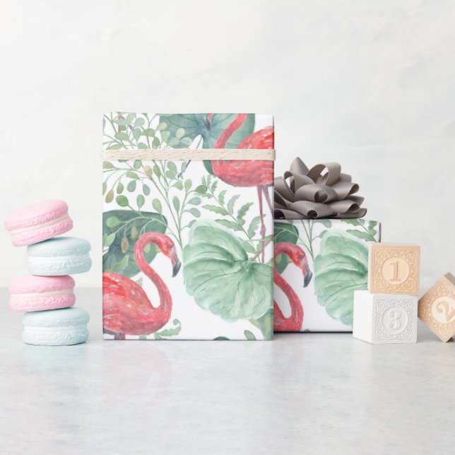 Papier Cadeau Aquarelle flamants roses et feuilles (Baby Shower)