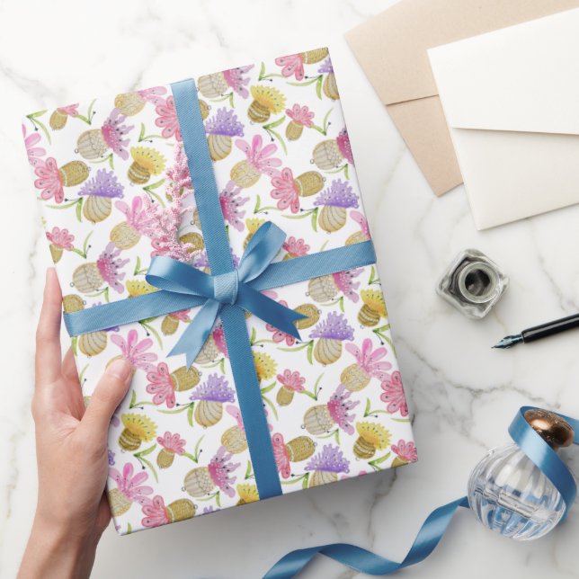 Papier Cadeau Aquarelle Fleurs colorées Peint à la main (Cadeaux)