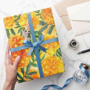 Papier Cadeau Aquarelle Fleurs de type Marigold jaune et orange