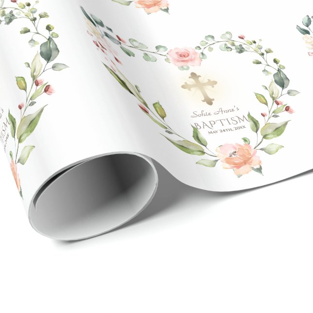 Papier Cadeau Aquarelle Fleurs roses Croix d'or Fille Baptême (Coin rond)