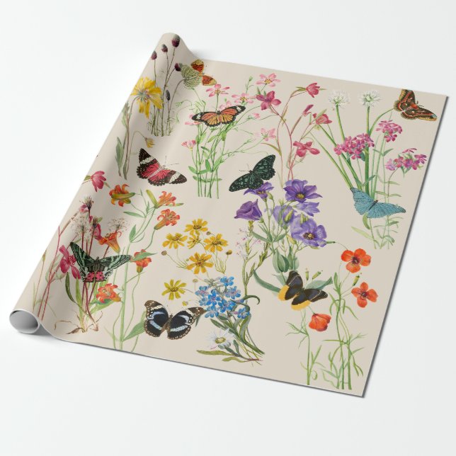 Papier Cadeau Aquarelle Fleurs sauvages & papillons Jardin Flora (Déroulé)