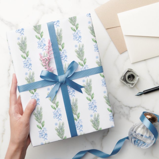 Papier Cadeau Aquarelle Floral bleu avec verdure (Cadeaux)
