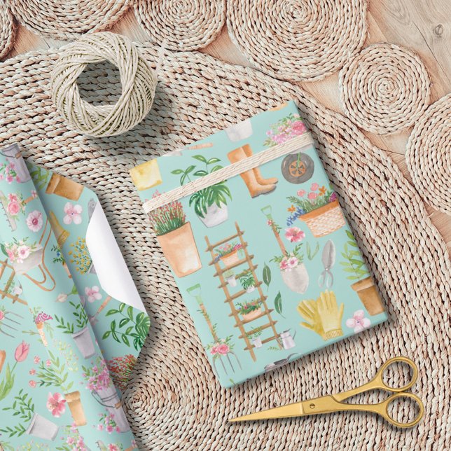 Papier Cadeau Aquarelle Floral jardinage Outils Jardin (In situ)