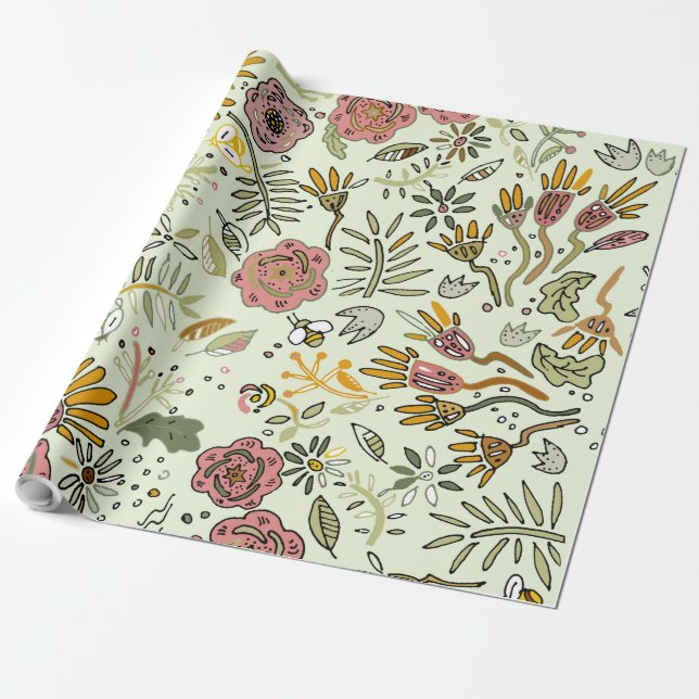 Papier Cadeau Aquarelle Florale Fleurs d'abeille Élégante Modern (Déroulé)