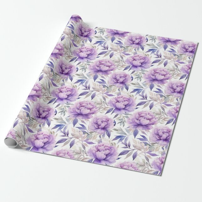 Papier Cadeau Aquarelle florale - lavande violet pivoines (Déroulé)