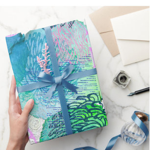 Papier Cadeau Aquarelle florale moderne bleu abstrait rose
