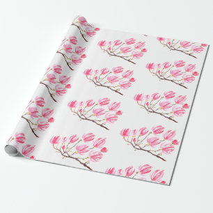 Papier Cadeau Aquarelle florale rose Magnolia élégant Vintage