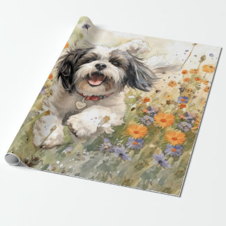 Papier Cadeau Aquarelle florale Shih Tzu courant à travers la fl