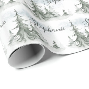 Papier Cadeau Aquarelle Forêt de sapins rustiques hiver