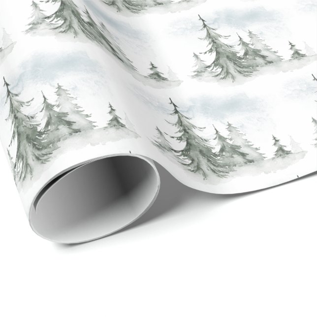 Papier Cadeau Aquarelle Forêt de sapins rustiques hiver (Coin rond)